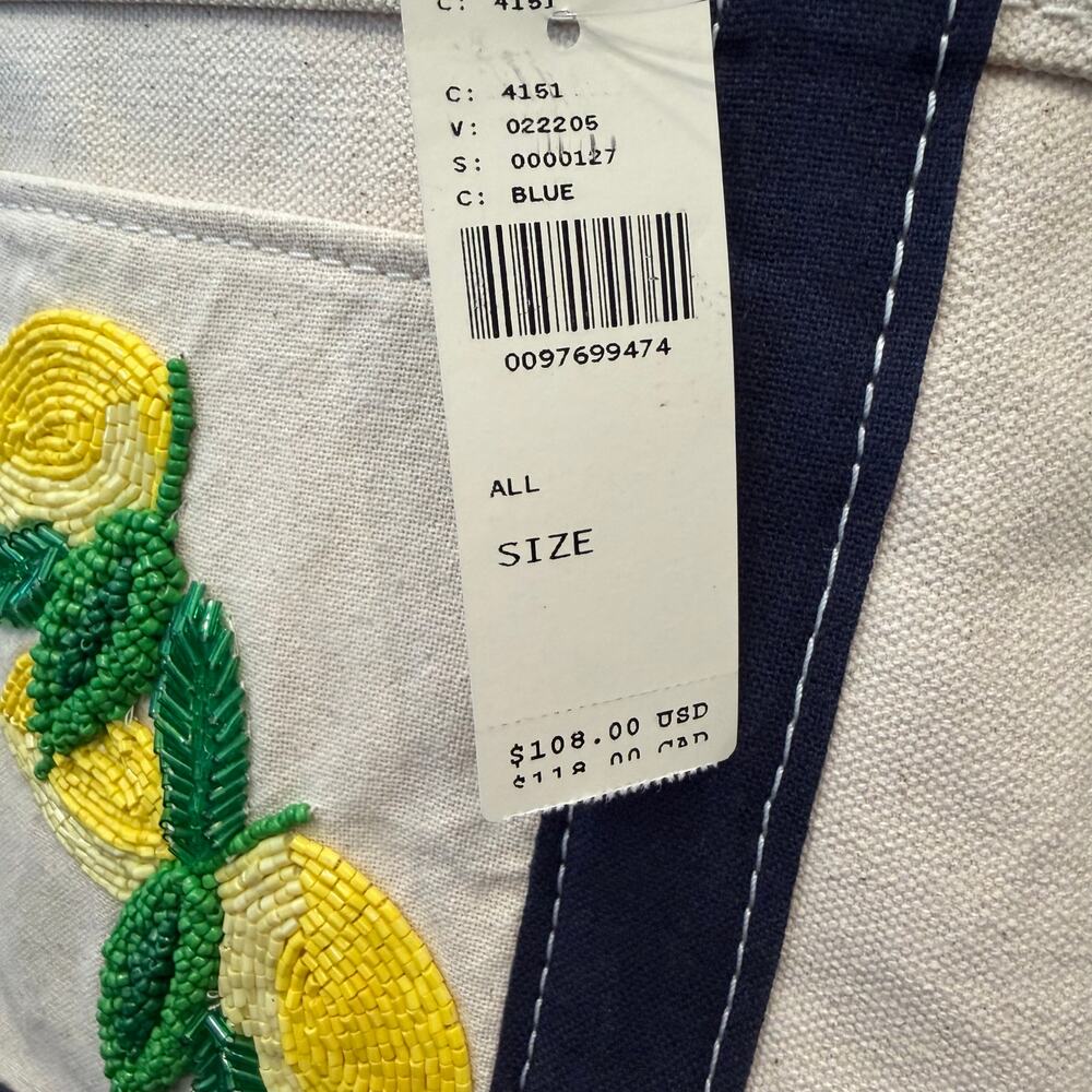 NWT Anthropologie The Hartley Cotton Canvas Tote Blue Beaded Lemon Print - Picture 4 of 11